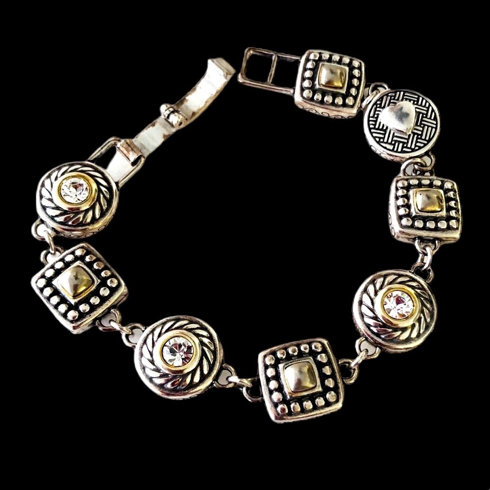 Brighton HEIRESS Crystal Silver Gold Bracelet hearts everywhere.  Excellent